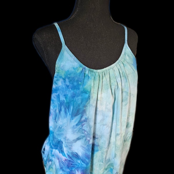 Medium tie dye romper jumper with pockets,  blue green ice dye, tie dye jumpsuit,  one piece, turquoise, sky blue, ocean tye dye