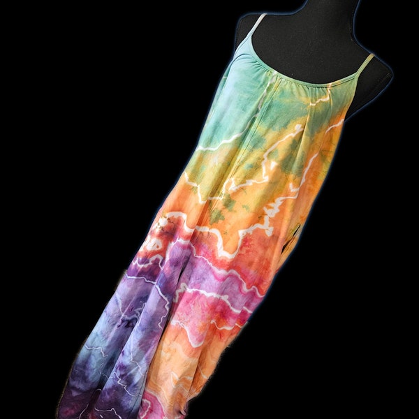 Medium tie dye romper jumper with pockets,  rainbow geode, tie dye jumpsuit,  one piece, pride,  bright rainbow