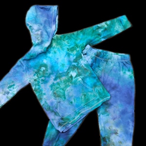 3T Bamboo kids tie dye jogger set, 3T, ice dye, green blue tie dye, ready to ship, ocean forest space jogger
