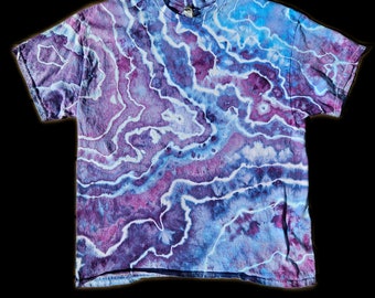 Vuxen XL lila och blå geode tie dye-skjorta, vuxen unisex XL, hippie, abstrakt, redo att skickas, present, lavendel, himmelsblå