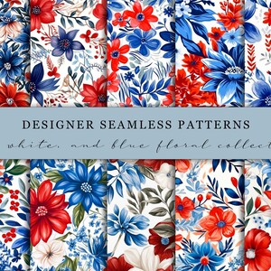 Modèles sans couture de concepteur de collection florale rouge, blanche et bleue || Motifs sans couture - Floral - Utilisation commerciale - Utilisation personnelle - Numérique