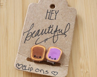 PB&J CLIP ON earrings, Peanut Butter and Jelly clip on earrings, clip on earrings
