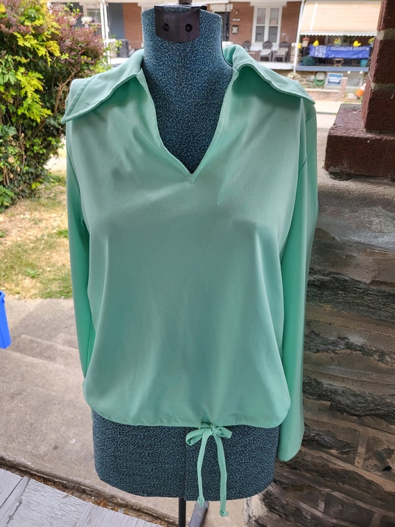 Cool 70's Mint Green Poly Drawstring Shirt.