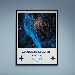 May include: A framed poster featuring a vibrant image of a globular cluster in space, with swirling blue and gold hues. The poster includes the text "Globular Cluster NGC 1860" and "163,000 Light Years."