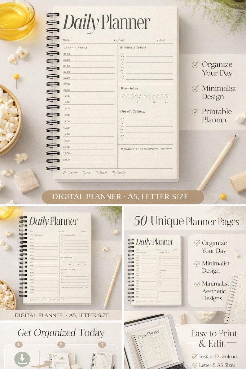 100+ Days Daily Planner Printable PDF | Minimalist Planner Notebook ...