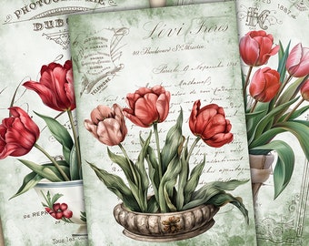 Floral Cards, Junk Journal Pages, Junk Journal Kit, Tulips, Flowers, Spring, Garden, Ephemera Digital Papers Set, Junk Journaling, Scrapbook