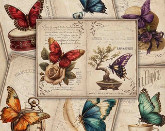 Butterflies Junk Journal Papers, Ephemera Digital Papers, Butterfly Ephemera, Printable Scrapbook Papers, Printable Butterfly Junk Journal
