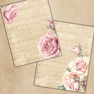 Tarjetas de Música Floral, Diario Imprimible, Flores de Rosas, Partituras de Música Floral, Rosas Rosadas, Papeles Imprimibles, Rosas Imprimibles de Diario Basura Grunge
