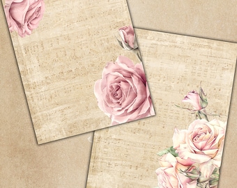 Floral Music Cards, Printable Journal, Roses Flowers, Floral Music Sheets, Pink Roses, Printable Papers, Grunge Junk Journal Printable Roses