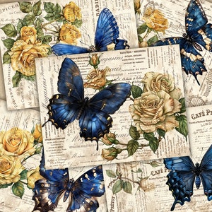 Pagine del diario spazzatura del collage farfalla blu, collage floreale digitale, documenti digitali effimeri, rose farfalla, collage effimero farfalla blu