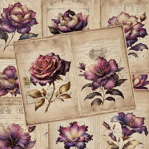Pages de journal indésirable fleurs violettes, fleurs sauvages, journal imprimable, roses, fleurs, ensemble de papiers numériques éphémères, journalisation indésirable, scrapbooking