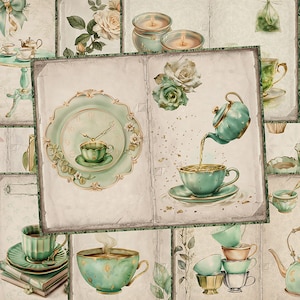 Tea Time Junk Journal Pages, Tea Party, Afdrukbaar dagboek, Ephemera Digital Papers Set, Junk Journaling, Scrapbook Spring