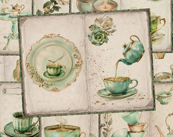 May include: A collage of vintage-style illustrations featuring teacups, teapots, roses, and clocks. The images are in a green and gold color scheme and have a distressed, aged look.