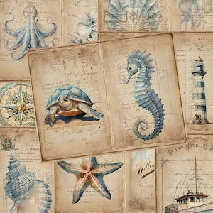 Pages de journal de déchets sous-marins, kit de journal indésirable imprimable, océan, papiers numériques éphémères, nautique, sirène, mer, coquillage, eau, éphémères