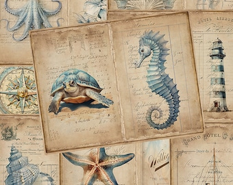 Underwater Junk Journal Pages, Junk Journal Kit Printable, Ocean, Ephemera Digital Papers, Nautical, Mermaid, Sea, Shell, Water, Ephemera