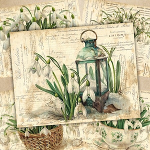 Snowdrops Junk Journal Pages, Printable Journal, Spring, Flowers, Ephemera Digital Papers, Garden Scrapbook, Flowers Collage, Spring Flowers