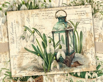 May include: A vintage-style image featuring a lantern, snowdrops, and a basket. The lantern is made of metal and has a glass window. The snowdrops are white and have green leaves. The basket is made of wicker and is filled with snowdrops. The image has a rustic, vintage feel.