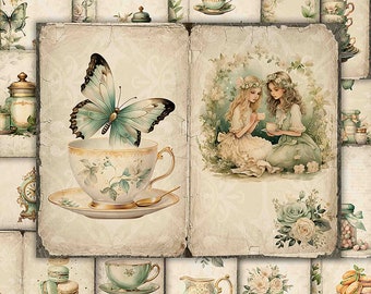Tea Party Junk Journal Pages, Tea Time, Printable Journal, Ephemera Digital Papers Set, Junk Journaling, Scrapbook Spring, Garden, Ephemera