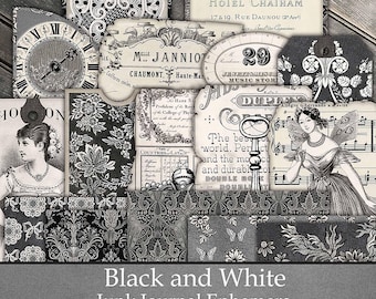 Black and White Ephemera, Junk Journal Pages, Printable Ephemera, Pockets, Ephemera, Junk Journal, Tags, Pockets, Vintage Inspired
