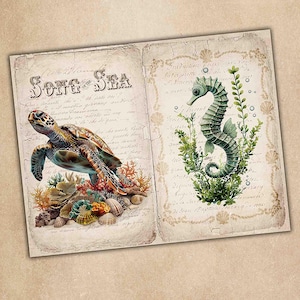 Sea Creatures Junk Journal-pagina's, afdrukbare junk Journal Kit, oceaan, kortstondige digitale papers, nautisch, zeemeermin, zee, schelp, water, kortstondige