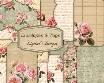 Koperty i etykiety, papiery do dziennika do druku, papiery kolażowe, dziennik w stylu grunge, papiery vintage do druku, koperty do dziennika, styl shabby chic