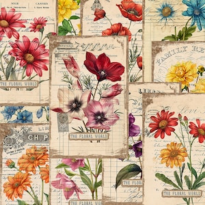 Flower Cards Junk Journal Pages, Junk Journal Kit, Wild Flowers, Spring, Garden, Ephemera Digital Papers Set, Junk Journaling, Scrapbook