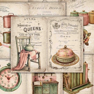Páginas de diário de lixo de cozinha antiga, diário para impressão, papéis digitais de coisas efêmeras, diário de lixo, álbum de recortes, cozinha da vovó, álbum de recortes de coisas efêmeras