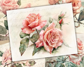 Faded Roses Junk Journal Pages, Printable Journal Kit, Roses, Flowers, Ephemera Digital Papers, Scrapbook, Faded Roses, Pink Roses