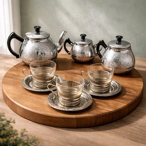 Vintage - Plateau De Service Japonais En Métal Et Verre - Ancien Thé - Tasse Incluse