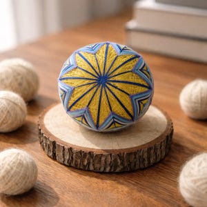 Handmade Temari Ball. Japanese Thread Art | Yellow & Blue Decorative Sphere