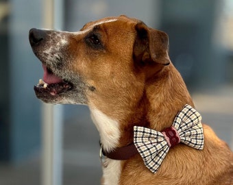 Pajarita a cuadros negra y beige para perro, lazo de collar de mascota a cuadros con cinta