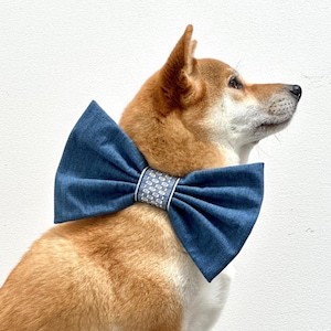 Denim dog bow tie in large size, Blue jeans oversized bow tie for dog collar