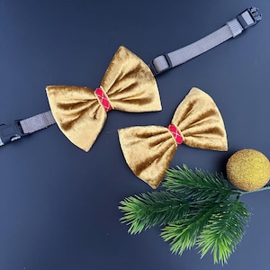 Gelbe Hundefliege aus Samt, Weihnachtsfliege für einen Hundehalsband mit roter Schleife