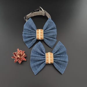 Denim dog bow tie, blue pet bowtie for collar with elegant ribbon