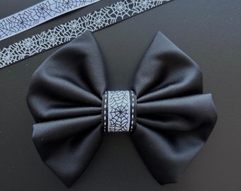 Halloween black bow tie for a dog, festive black bow tie for dog collar with web ribbon