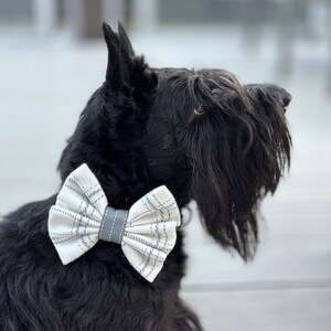 Plaid bow tie for a dog, Gray and white check pet collar bow with ribbon