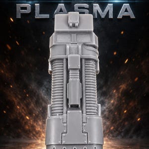 May include: A grey resin miniature of a heavy plasma weapon component featuring a cylindrical body with ribbed tubing, a central rectangular housing, and a base section with five vertical rectangular vents, set against a dark background.