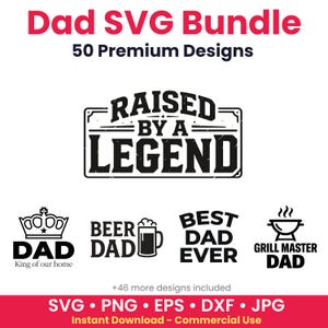 May include: A digital SVG bundle for dads, featuring black and white designs with pink text. Designs include "Raised by a Legend", "Beer Dad", "Best Dad Ever", and "Grill Master Dad". Formats include SVG, PNG, EPS, DXF, and JPG.