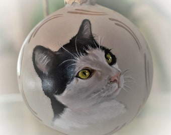 Custom Pet Portrait Ornament Hand Painted Cat portrait painting on ornament - glass or shatterproof ornament