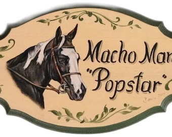 Personalized horse stall sign, horse portrait on scalloped horse name sign, horse stall name plate horse lover gift idea
