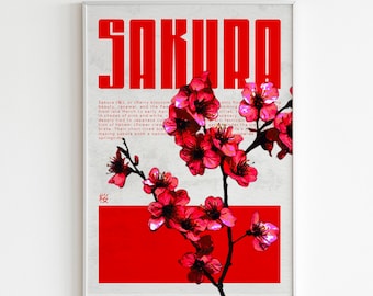 Retro Sakura Print: Minimalistische japanische Kirschblüte Wandkunst (Digitaler Download