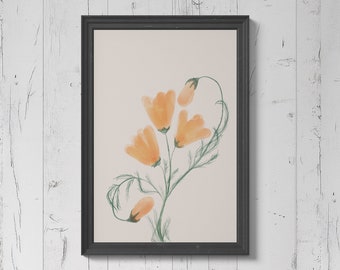 Kalifornischer Mohn Aquarell Druck, digitaler Download, Floral botanische Wandkunst, druckbare Wohnkultur