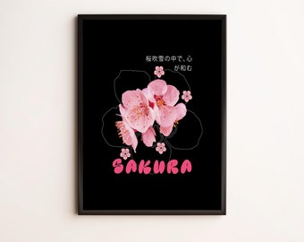 Blooming Sakura - Japanese Cherry Blossom Art Print - Minimalist Floral Wall Art - Digital Download