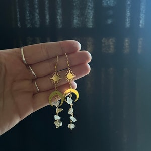 Gold Dangle Sun and Moon Crystal Earrings