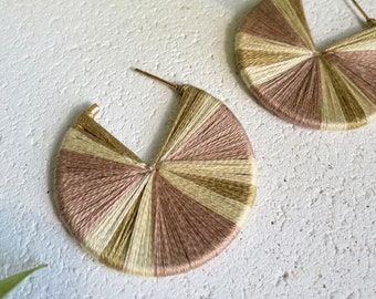 MAUVE ECRU and SAND deco hoop, embroidered earrings, 1.5 inches wide, super lightweight, nickel free for sensitive ears, modern boho style