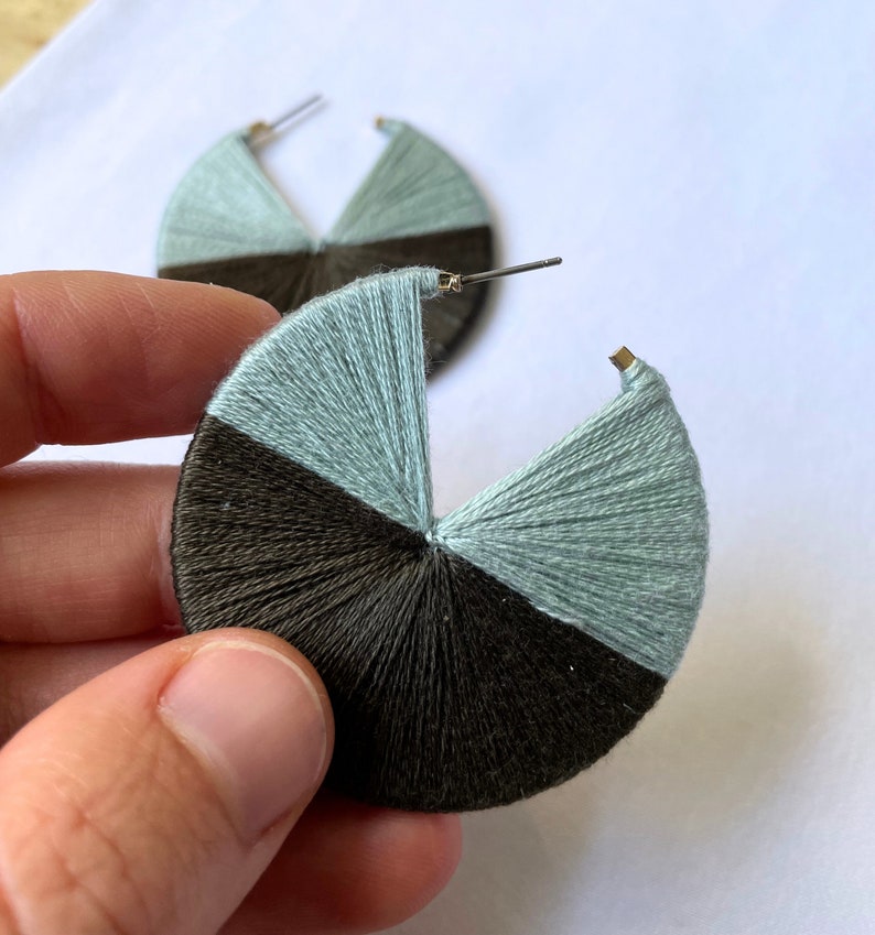 HANDMADE HOOP EARRINGS 2 inches available in 1, 1.5, 2 and 2.5 inches custom order sky blue and slate gray textile earrings image 4