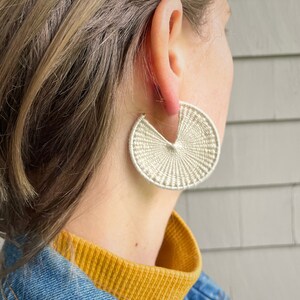 BASKET WEAVE HOOP, available in 1, 2 and 2.5 in, ecru embroidery thread, large cream-colored statement earring, nickel-free, versatile image 3