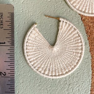 BASKET WEAVE HOOP, available in 1, 2 and 2.5 in, ecru embroidery thread, large cream-colored statement earring, nickel-free, versatile image 2