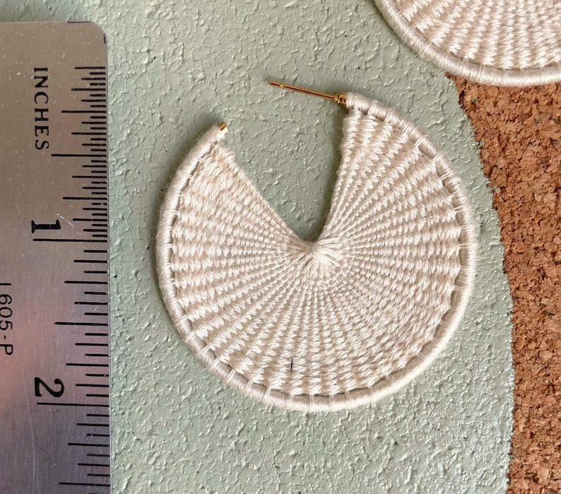 BASKET WEAVE HOOP, available in 1, 2 and 2.5 in, ecru embroidery thread, large cream-colored statement earring, nickel-free, versatile image 2