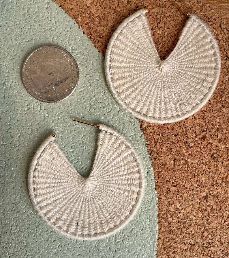 BASKET WEAVE HOOP, available in 1, 2 and 2.5 in, ecru embroidery thread, large cream-colored statement earring, nickel-free, versatile image 6